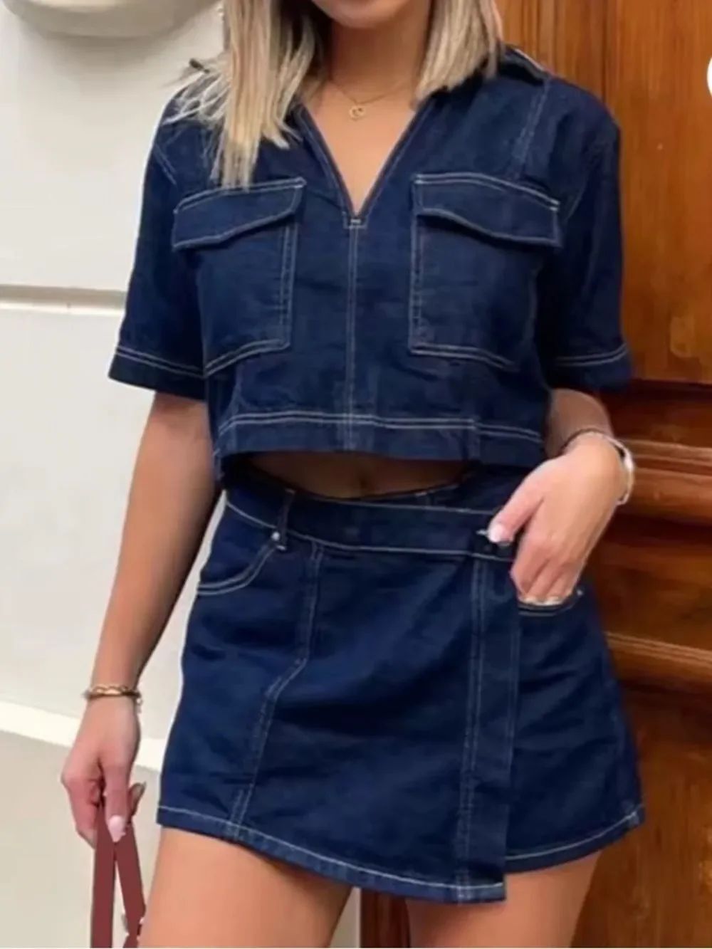 Zara Denim Collared V-Neck Cropped Top Womens Small